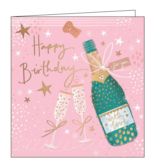 This lovely pink birthday card is decorated with a champagne bottle popping its cork. Two flutes, decorated with golden bows are filled with fizz. Gold text on the front of the card reads 