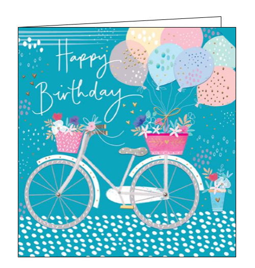 This lovely birthday card is decorated with vintage-style white and grey bike with pink front and back baskets overflowing with flowers. A bunch of pastel balloons have been tied to the back of the bicyle. White text on the front of the card reads 