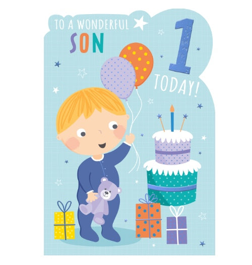 A small boy in a blue sleepsuit carries a teddy bear  and bunch of balloons on the front of this 1st Birthday card. The text on the card reads 