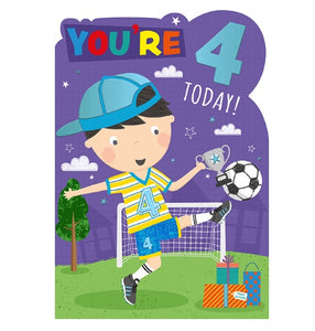 A boy dressed in football kit - complete with '4' shirt and football boots holds a trophy on the front of this 4th Birthday card. The text on the card reads "You're 4 today!"