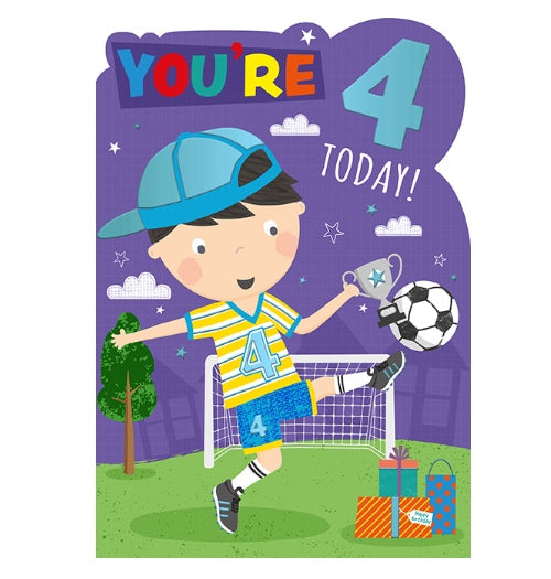 A boy dressed in football kit - complete with '4' shirt and football boots holds a trophy on the front of this 4th Birthday card. The text on the card reads 