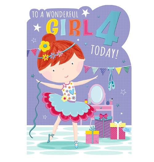 A small girl holds a ballet pose while wearing a pink and blue tutu on the front of this 4th Birthday card. The text on the card reads 