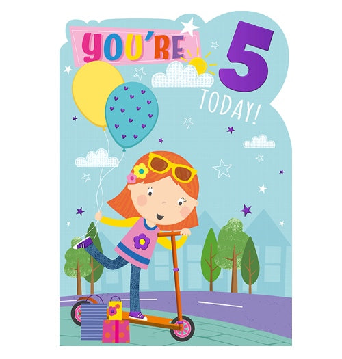 A girl rides a scooter while holding on to a bunch of balloons the front of this 5th Birthday card. The text on the card reads 