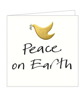 This lovely little christmas card is decorated with a simple embossed gold dove carrying a sprig of olive in its beak. Beneath the dove black brush script reads "Peace on Earth".