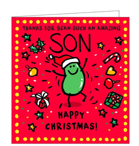 This funny christmas card for a special son is decorated with a cartoon of a dancing green bean, wearing a santa hat. The caption on the card reads "Thanks for bean such an amazing Son - Happy Christmas!"