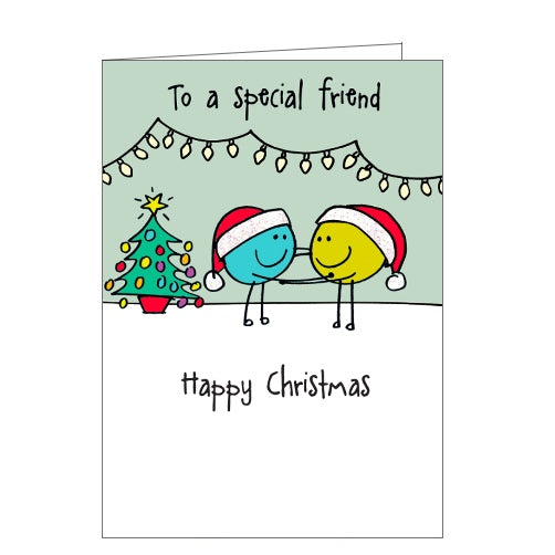 This Christmas card from Lucilla Lavender's Little Quirks card range is decorated with two smiley faces - wearing stand hats. - hugging. The caption on the front of the card reads 