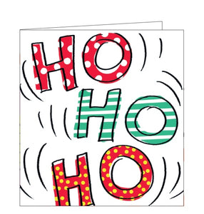 This Christmas card from Lucilla Lavender is decorated with large patterned text that reads "HO HO HO".