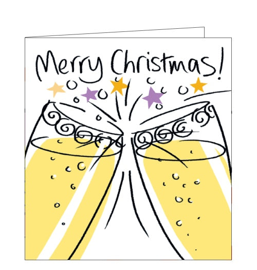 This Christmas card from Lucilla Lavender is decorated with a pair of champagne glasses clinking together, causing a burst of bubbles and stars. The caption on the front of the card reads 