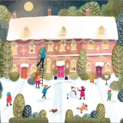 This lovely christmas card from Pigment Productions' Artisan Days is decorated with an illustration of a row of townhouses, covered in snow, and busy with christmas activity.