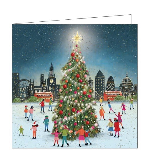 This lovely christmas card from Pigment Productions' Artisan Days card range is decorated with an illustration of people gathered around a tall Christmas tree, lit with lights and decorations, with the London skyline in the background.
