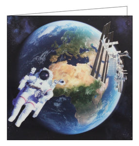 This stunning blank greetings card features detail from an artwork by David Penfound showing an astronaut in space, with planet Earth in the background. A lenticular effect has been added to the image so the astronaut seems to be floating in 3d.