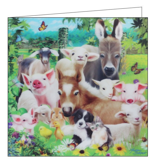 This stunning blank greetings card features detail from an artwork by Michael Searle showing a group of baby farm animals - including lambs, piglets, bunnies, kittens and puppies - in a field surrounded by flowers. A lenticular effect has been added to the image so the animals and flowers seem to be 3d.