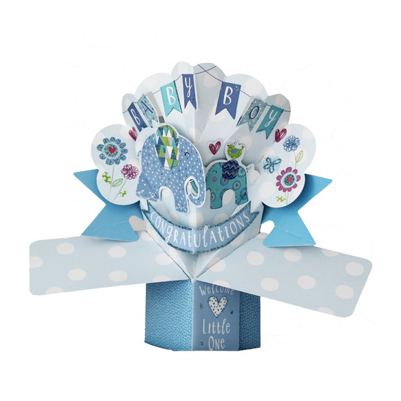 This 3D keepsake new baby boy card is decorated with two glittery blue patchwork elephants, surrounded by flowers. Text on the card reads 