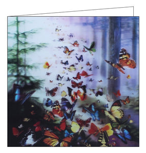 This stunning blank greetings card features detail from an artwork by David Penfound showing a kaleidoscope of butterflies flying in a shaft of sunlight in the middle of a forest. A lenticular effect has been added to the image so the butterflies seem to be 3d.