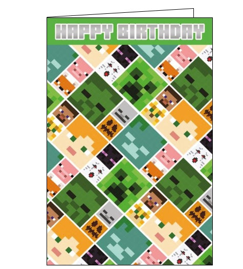 This officially licenced minecraft birthday card is decorated with block heads from the game including creeper, zombie, skeleton, Alex and squirrel heads. Silver text on the top of the card reads 