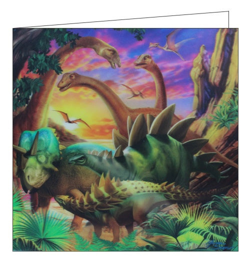 This stunning blank greetings card features detail from an artwork by Michael Searle showing a group of dinosaurs - including pterodactyls, brontosaurus, triceratops and more! A lenticular effect has been added to the image so the dinosaurs eem to be 3d.