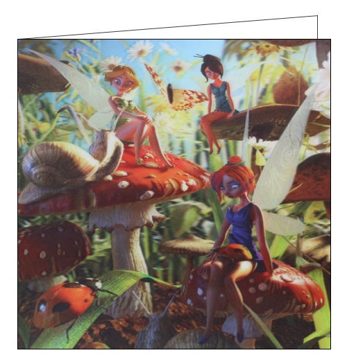 This stunning blank greetings card features detail from an artwork by David Penfound showing three fairies sitting on red toadstools, talking to insect friends. A lenticular effect has been added to the image so the fairies seem to be in 3d.