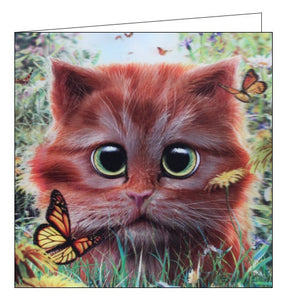 This stunning blank greetings card features detail from an artwork by David Penfound showing a cute ginger kitten, with huge eyes, in a field of flowers and butterflies. A lenticular effect has been added to the image so the kitten and butterflies seem to be in 3d.