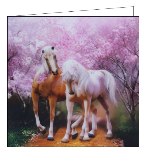 This stunning blank greetings card features detail from an artwork by Carol Cavalaris showing two horses standing in an avenue of pink blossom trees. A lenticular effect has been added to the image so the horses and blossom seem to be 3d.