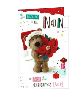 This cute Christmas card for a special Nan, features Barley the Brown Bear in a Santa hat holding a huge red poinsettia flower. Text on the front of the card reads "Wishing the best Nan...the best Christmas ever!"