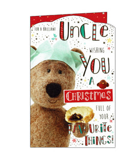 This cute Christmas card for a special Uncle, features Barley the Brown Bear in a paper cracker crown holding a mince pie. Text on the front of the card reads "For a Brilliant Uncle, wishing you a Christmas full of your favourite things!"