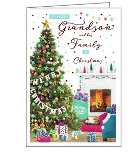 This beautiful Christmas card for a special Grandson and his family is decorated with a scene of a cosy lounge decorated with a beautiful Christmas tree, garlands on the fireplace and piles of presents! Text on the front of the card reads "For a wonderful Grandson and his Family this Christmas".