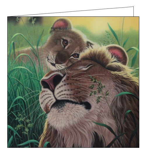 This stunning blank greetings card features detail from an artwork by Schim Schimmel showing a cute lion cub nuzzling up to its father. A lenticular effect has been added to the image so the lion and cub seem to be in 3d.