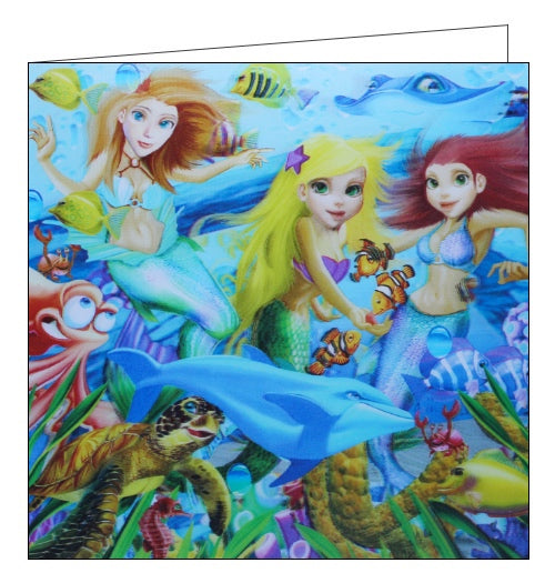 This stunning blank greetings card features detail from an artwork by Michael Searle showing three mermaids under the sea, surrounded by fish, dolphins, turtles and lobsters. A lenticular effect has been added to the image so the mermaids and their friends seem to be 3d.