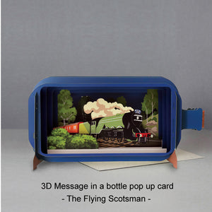 This fabulous pop-up greetings card is made of multiple layers of laser cut card to create a wonderful 3d image of the famous flying scotsman steam train journeying through the night on its journey between Edinburgh and London.