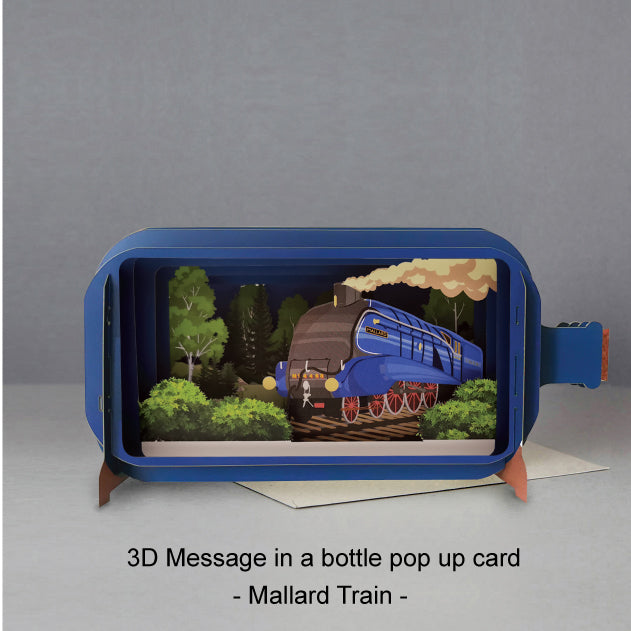 This fabulous pop-up greetings card is made of multiple layers of laser cut card to create a wonderful 3d image of the iconic Mallard A4 class locomotive steam train.
