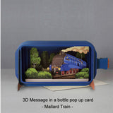 This fabulous pop-up greetings card is made of multiple layers of laser cut card to create a wonderful 3d image of the iconic Mallard A4 class locomotive steam train.