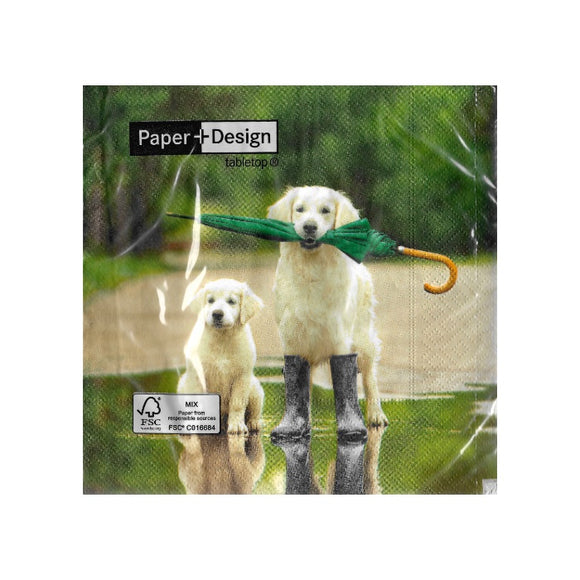 This pack of 20 disposable paper napkins is decorated with a wonderful photograph of an adult dog wearing a pair of wellies on its front paws and carrying an umbrella in its mouth, next to the dog a puppy has sat down in a puddle.