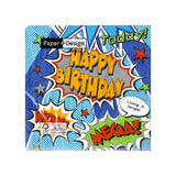 This pack of 20 disposable paper napkins is decorated with an array of comic book style "POW" shapes and text that reads 'HAPPY BIRTHDAY", "MEGA" and "WOW".