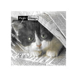 This pack of 20 disposable paper napkins is decorated with a wonderful photograph of a grey and white kitten peeking out from underneath a newspaper.