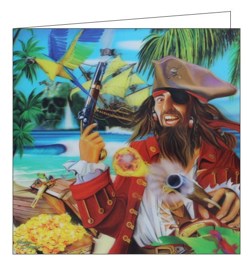 This stunning blank greetings card features detail from an artwork by Michael Searle showing a pirate on a desert island, about to bury a chest of treasure. A lenticular effect has been added to the image so the pirate seem to be 3d.