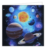 This stunning blank greetings card features detail from an artwork by David Penfound showing the planets in our solar system on their orbits around the sun. A lenticular effect has been added to the image so the planets seem to be in 3d.