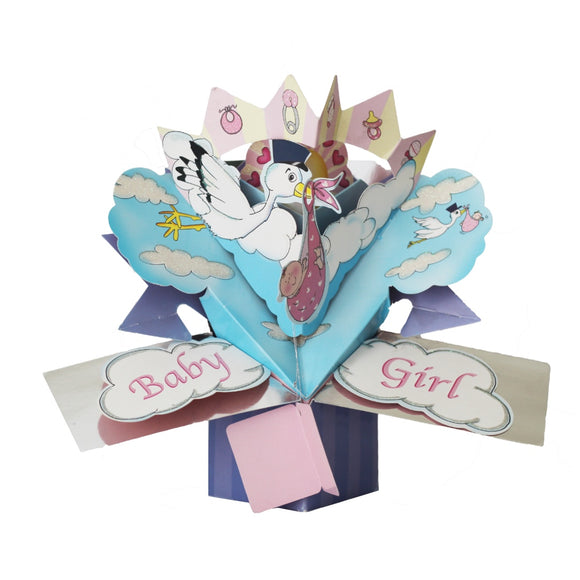 This 3D keepsake new baby girl card is decorated with a scene of a stork in a delivery hat carrying a baby in a pink blanket though the clouds. Text on the card reads 