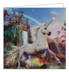 This stunning blank greetings card features detail from an artwork by David Penfound showing a unicorn in front of a magical landscape that includes a castle, mountains and a gorgeous rainbow. A lenticular effect has been added to the image so the unicorn and landscape seem to be 3d.