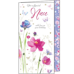 This birthday card for a very special niece is decorated with watercolour flowers and tiny butterflies. The text on the front of the card reads "For a Special Niece with love on your birthday". 