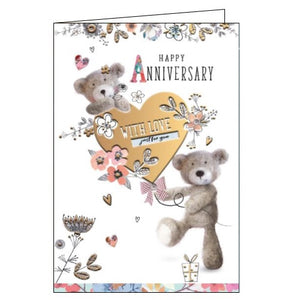 This cute anniversary card is decorated with two grey teddy bears holding onto an embossed gold heart. The text on the front of the card reads "Happy Anniversary...with love just for you".