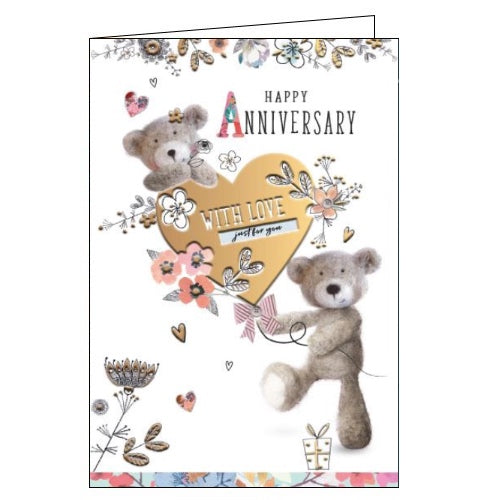 This cute anniversary card is decorated with two grey teddy bears holding onto an embossed gold heart. The text on the front of the card reads 