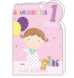 A young girl holds a bunch of balloons in one hand, and the paw of her teddy bear in the other on the front of this 2nd Birthday card for a special granddaughter. The text on the card reads "To a wonderful Granddaughter...1 today!"