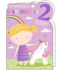 A young girl strokes the colourful mane of a unicorn on the other on the front of this 2nd Birthday card for a special granddaughter. The text on the card reads "To a wonderful Granddaughter...2 today!"