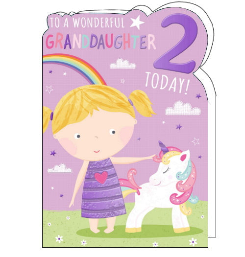 A young girl strokes the colourful mane of a unicorn on the other on the front of this 2nd Birthday card for a special granddaughter. The text on the card reads 