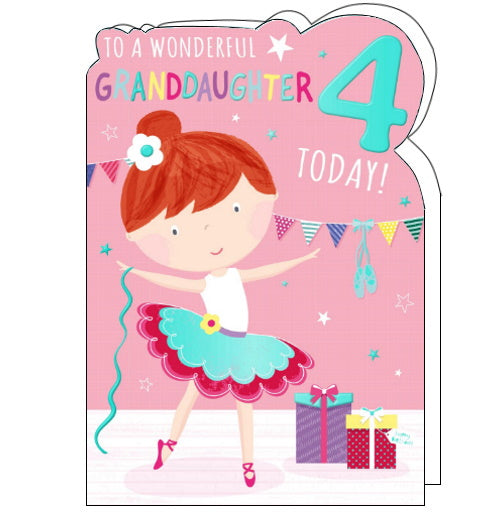 A young girl in a colourful tutu ballet dances on the front of this 4th Birthday card for a special granddaughter. The text on the card reads 
