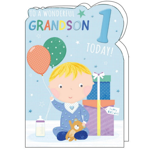 A young boy holds a bunch of balloons while sitting next to a pile of birthday presents as tall as him on the front of this 1st Birthday card for a special grandson. The text on the card reads 