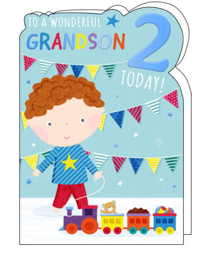 A young boy plays with a toy train on the front of this 2nd Birthday card for a grandson. The text on the card reads "To a wonderful Grandson...2 today!"