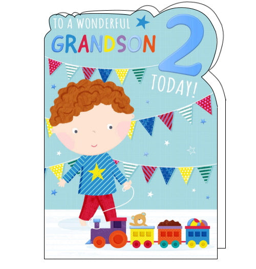 A young boy plays with a toy train on the front of this 2nd Birthday card for a grandson. The text on the card reads 