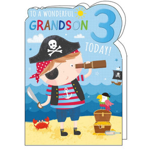 A young boy dressed as a pirate looks through a telescope at a pirate ship out at sea on the front of this 3rd Birthday card for a special grandson. The text on the card reads "To a wonderful Grandson...3 today!"