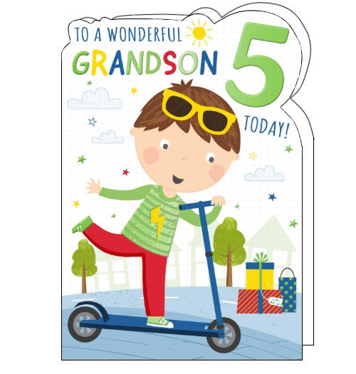 A young boy rides of a scooter on the front of this 5th Birthday card for a special grandson. The text on the card reads 